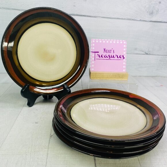 Pier 1 REACTIVE STRIPE Red Amber Bands Hand Painted Salad Lunch Plates Set of 5 - Picture 1 of 16